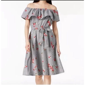 Calvin Klein Off Shoulder Pinstripe Floral Appliqué Dress Size 12 Belted Spring